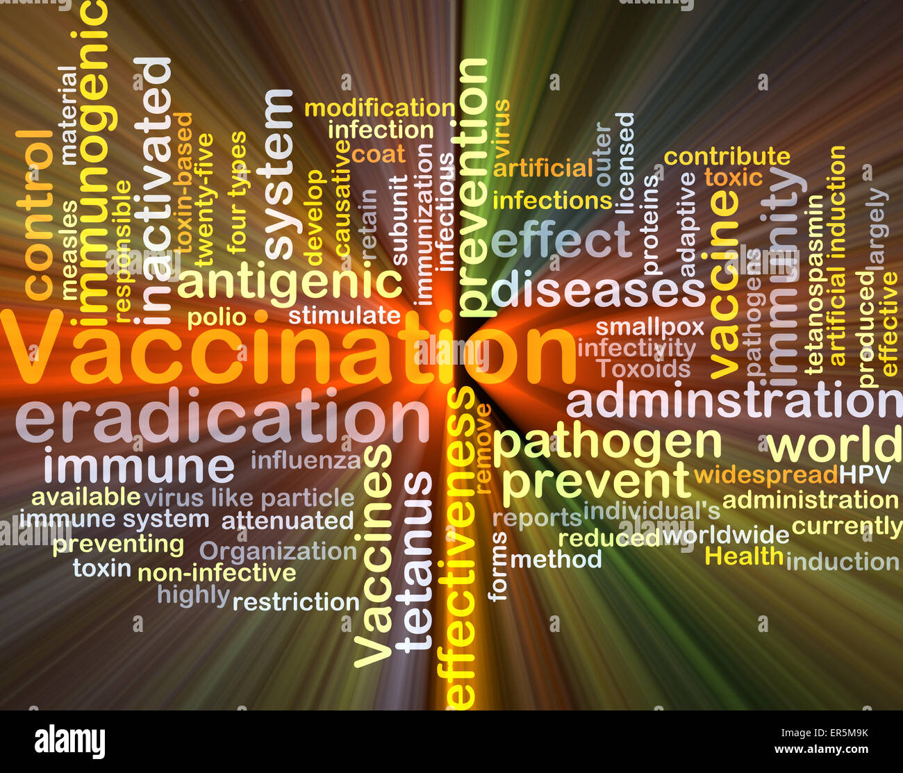 Concetto di sfondo wordcloud illustrazione della vaccinazione luce incandescente Foto Stock