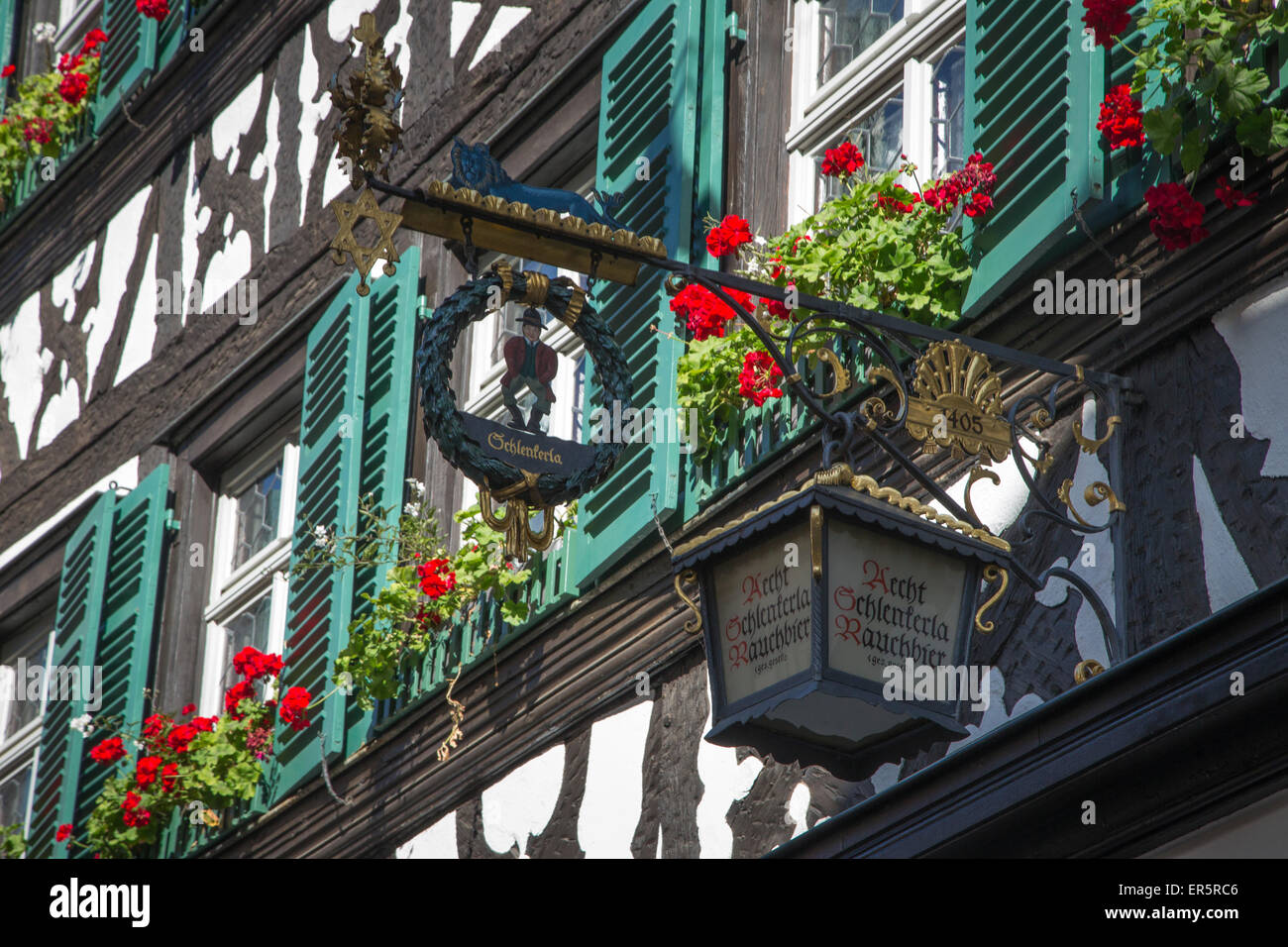 Segno di Schlenkerla ristorante e birreria, Bamberg, Franconia, Baviera, Germania Foto Stock