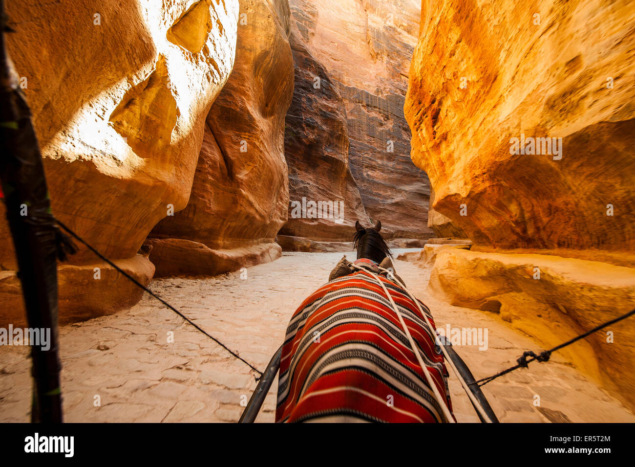 Carrozza a cavalli passando il Siq, Petra, Giordania, Medio Oriente Foto Stock