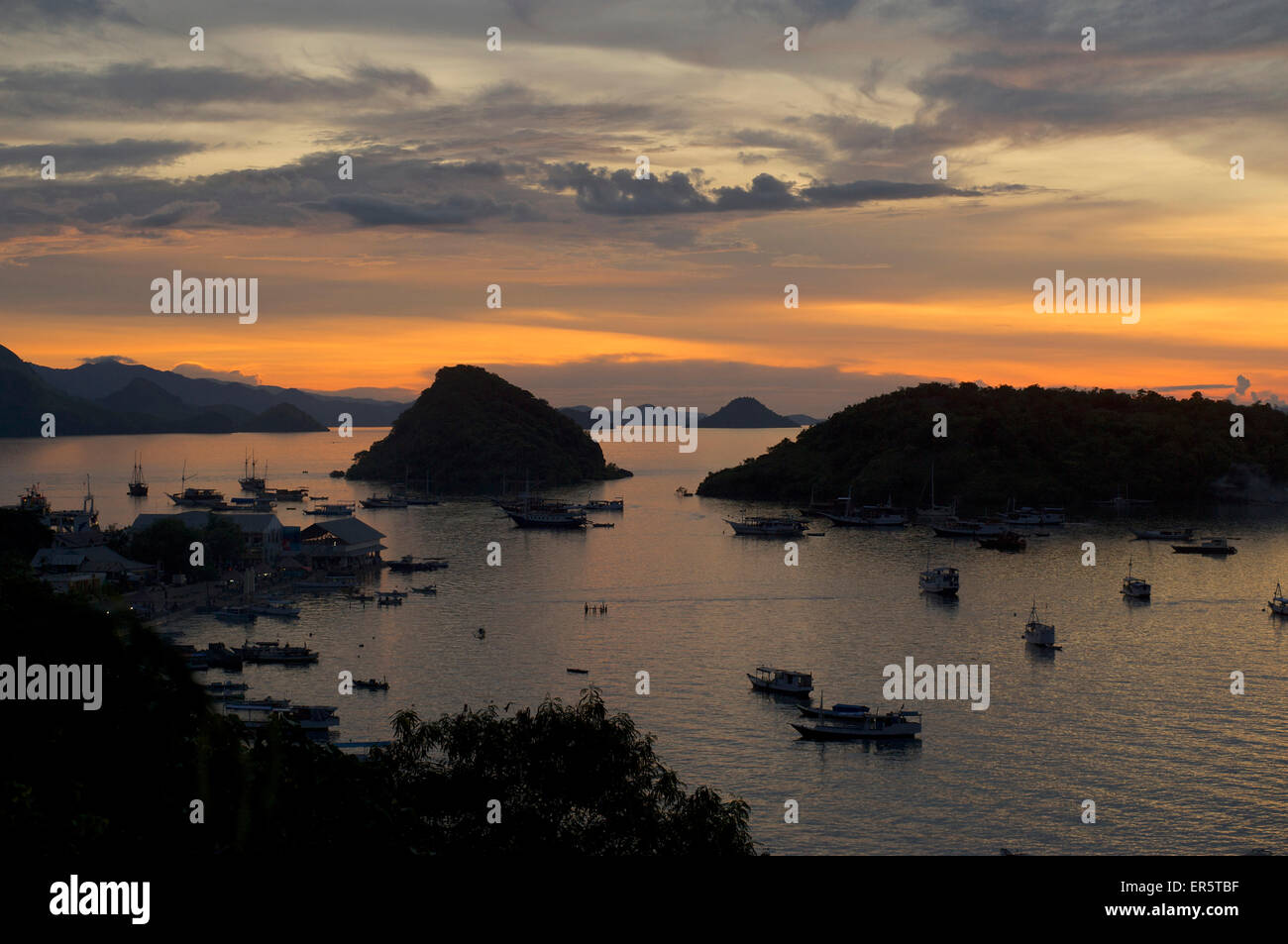 Vista al di sopra del porto verso il Parco Nazionale di Komodo, Labuhanbajo, occidentale di Flores, Nusa Tenggara, Lesser Sunda Islands, Indonesia, S Foto Stock