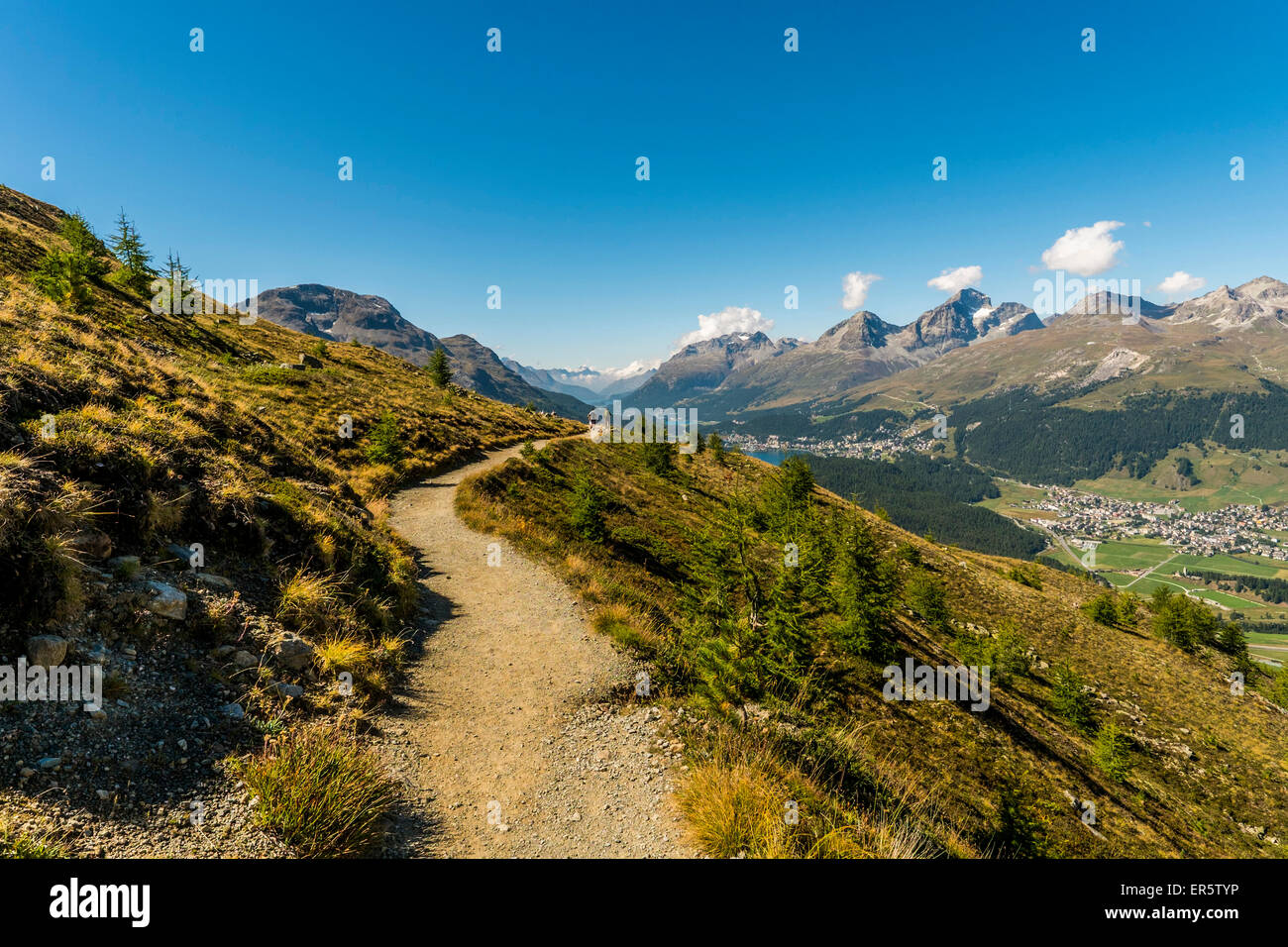 Sentiero escursionistico, Muottas Muragl, Pontresina, alta Engadina, Cantone dei Grigioni, Svizzera Foto Stock