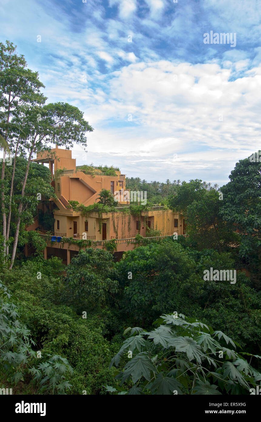Edificio con vegetazione in mezzo al verde tropicale, Berberyn Ayurveda Beach Resort, Mirissa, nel sud dello Sri Lanka Foto Stock