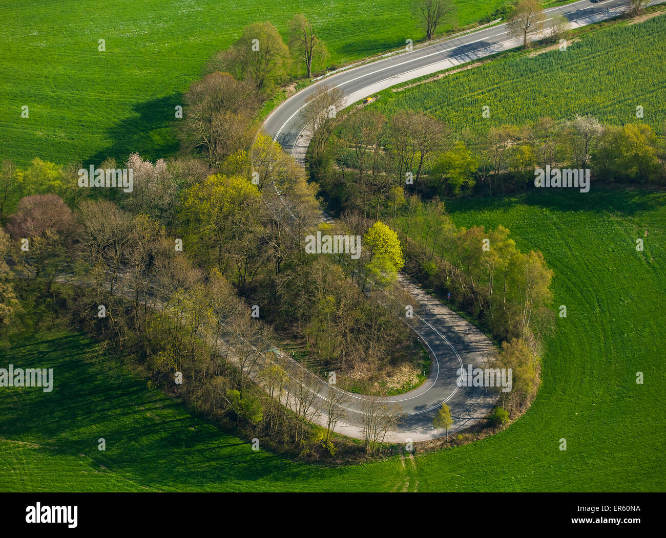 Tornante in una strada, vista aerea, Neviges, Velbert, distretto della Ruhr, Nord Reno-Westfalia, Germania Foto Stock