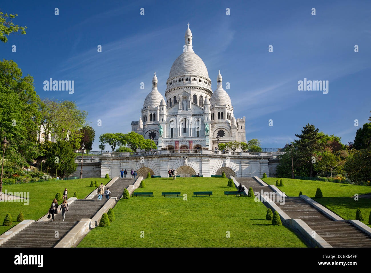 La mattina presto al di sotto del Basilique du Sacre Coeur, Montmartre, Parigi, Francia Foto Stock
