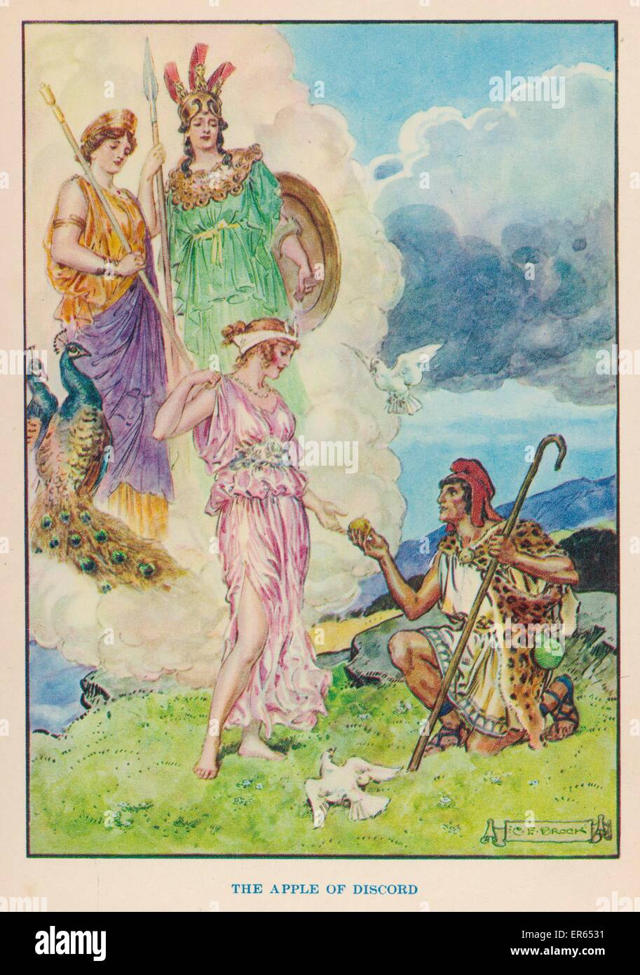 La sentenza di Parigi : Parigi, principe di Troy, deve concedere la mela della Discordia di Hera, Afrodite o Athena : tutti cercare di bustarelle, ma Aphrodite vince offrendogli Helen Foto Stock