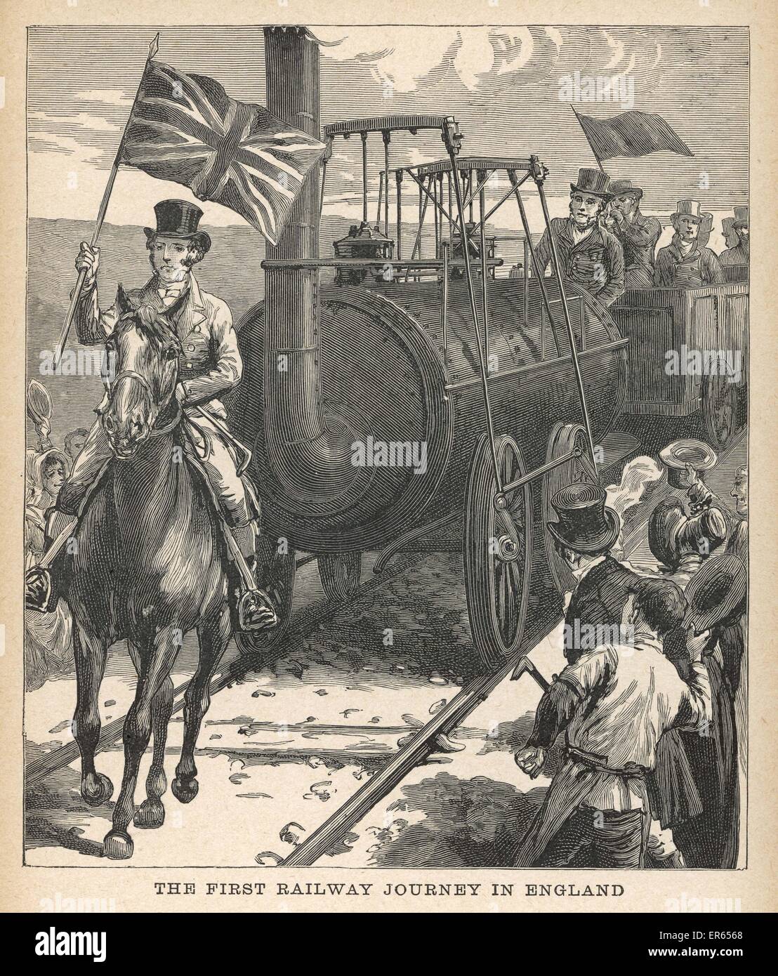 Un uomo a cavallo portante una bandiera dell'Union Jack teste il primo viaggio ferroviario in Inghilterra a bordo di George Stephenson di locomozione. 27 Settembre 1825 Foto Stock