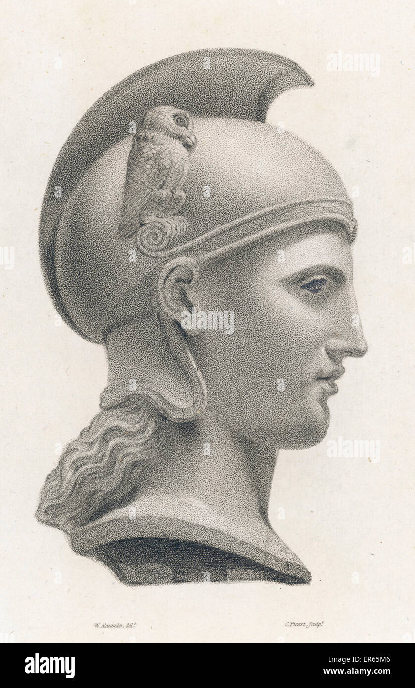 Una testa colossale di Minerva, un esempio di molto presto la scultura Greca. La dea è mostrato in una restaurata pesantemente formano con successive aggiunte di un casco cresta e motivi del gufo. 1812 Foto Stock