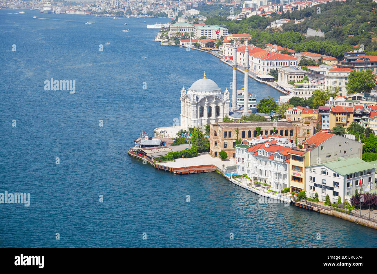 La vista della Moschea Ortakoy e le case sulle rive del Bosforo dal ponte sul Bosforo, Istanbul Foto Stock
