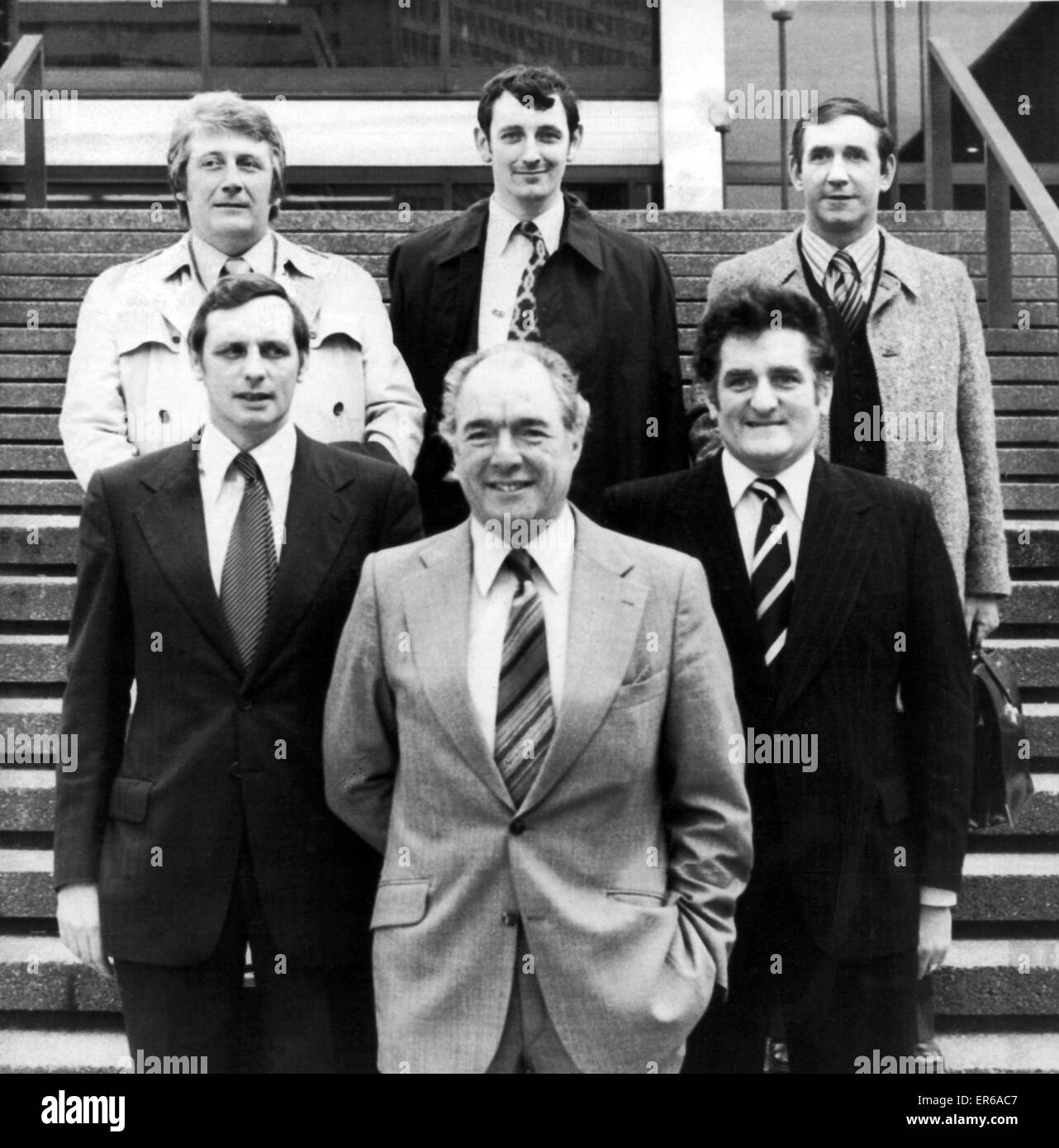 Il Team di polizia che hanno guidato la caccia per serial killer Trevor Hardy, foto di maggio 1977. Fila anteriore sinistra a destra. Det. Il capitano John Bennion. Det. Capo Supt. Tom macellaio. Det. Supt. Bob Bowstead. Fila posteriore sinistra a destra. Det. Sgt. Bernard Carroll. Det. Sgt. Gordo Foto Stock