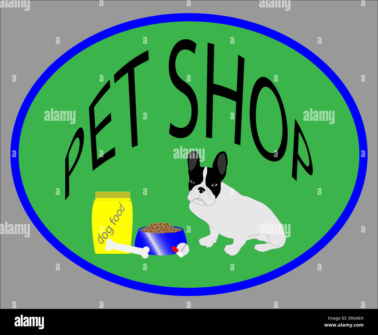 Pet Shop emblema. Ciotola di cibo, capsule compresse, bulldog francese, di vitamine e di pacchetto e osso. Illustrazione Vettoriale Foto Stock
