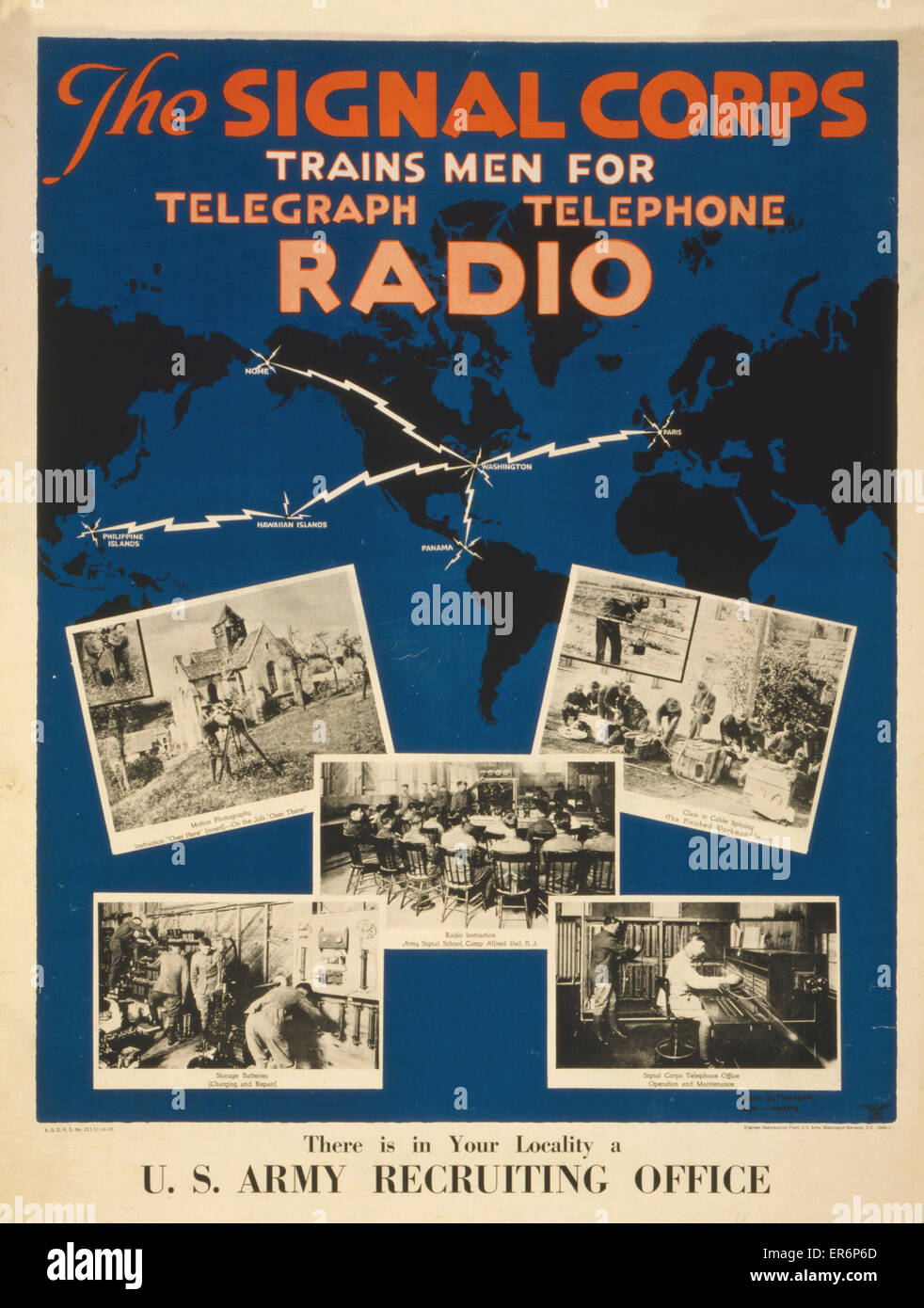 Il Signal Corps uomini di treni per il telegrafo, il telefono, la radio.  C'è nella vostra località un esercito usa il reclutamento di office . US  Army Signal Corps recruiting poster che