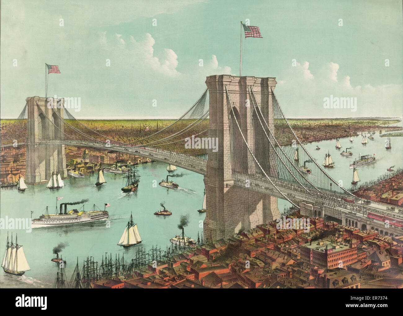 Il grande East River sospensione ponte: collegamento della città di New York e Brooklyn. vista da New York, guardando a sud vista panoramica, che mostra il sistema completo del ponte - la passeggiata - Funivia tracce - e il trasporto stradale. Data c1890. Foto Stock