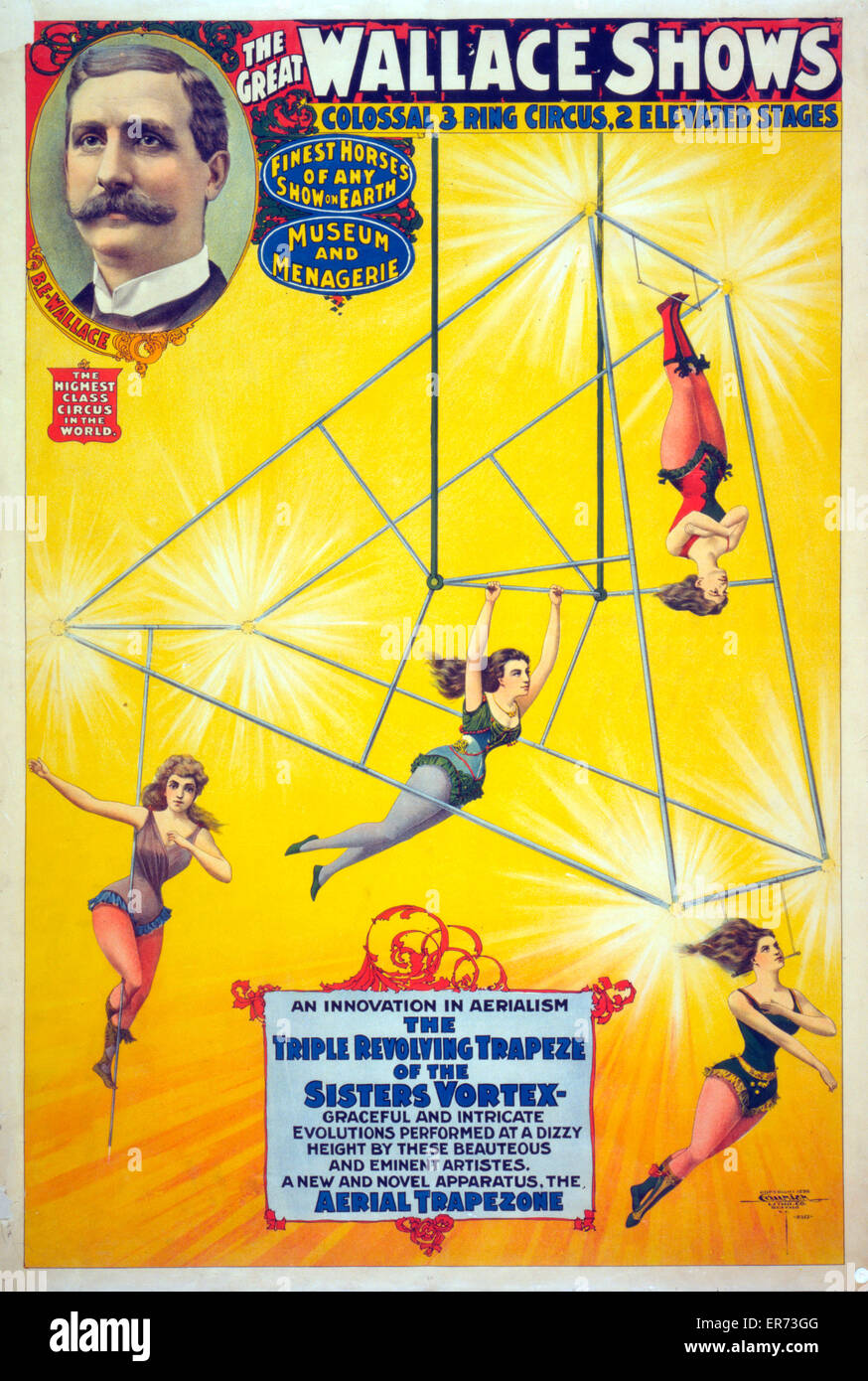 Il grande Wallace rappresenta una innovazione nel aerialism, la tripla trapezio girevole delle suore Vortex . Circus poster raffigurante il vortice sorelle svolgono il loro atto di trapezio. Data c1898. Foto Stock