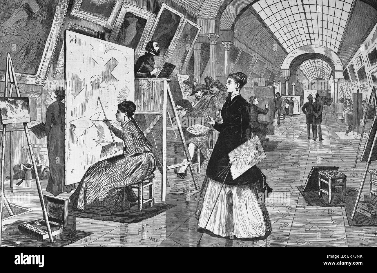 Studenti d'arte e copisti nella galleria del Louvre, Parigi Foto Stock