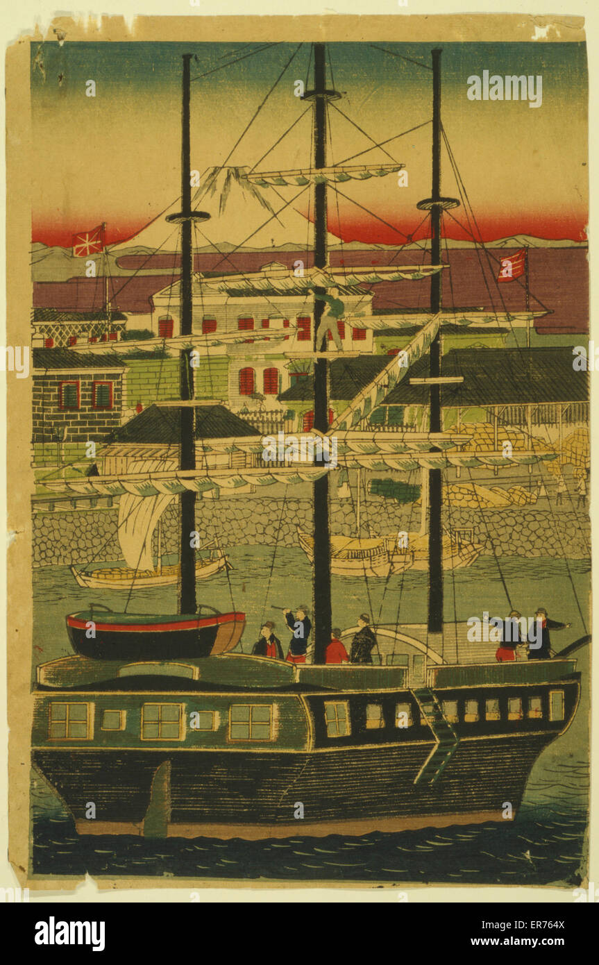 Yokohama jetty. Stampa giapponese mostra tre-masted nave nel porto di Yokohama con il Monte Fuji in background. Data compresa tra 1850 e 1900. Foto Stock