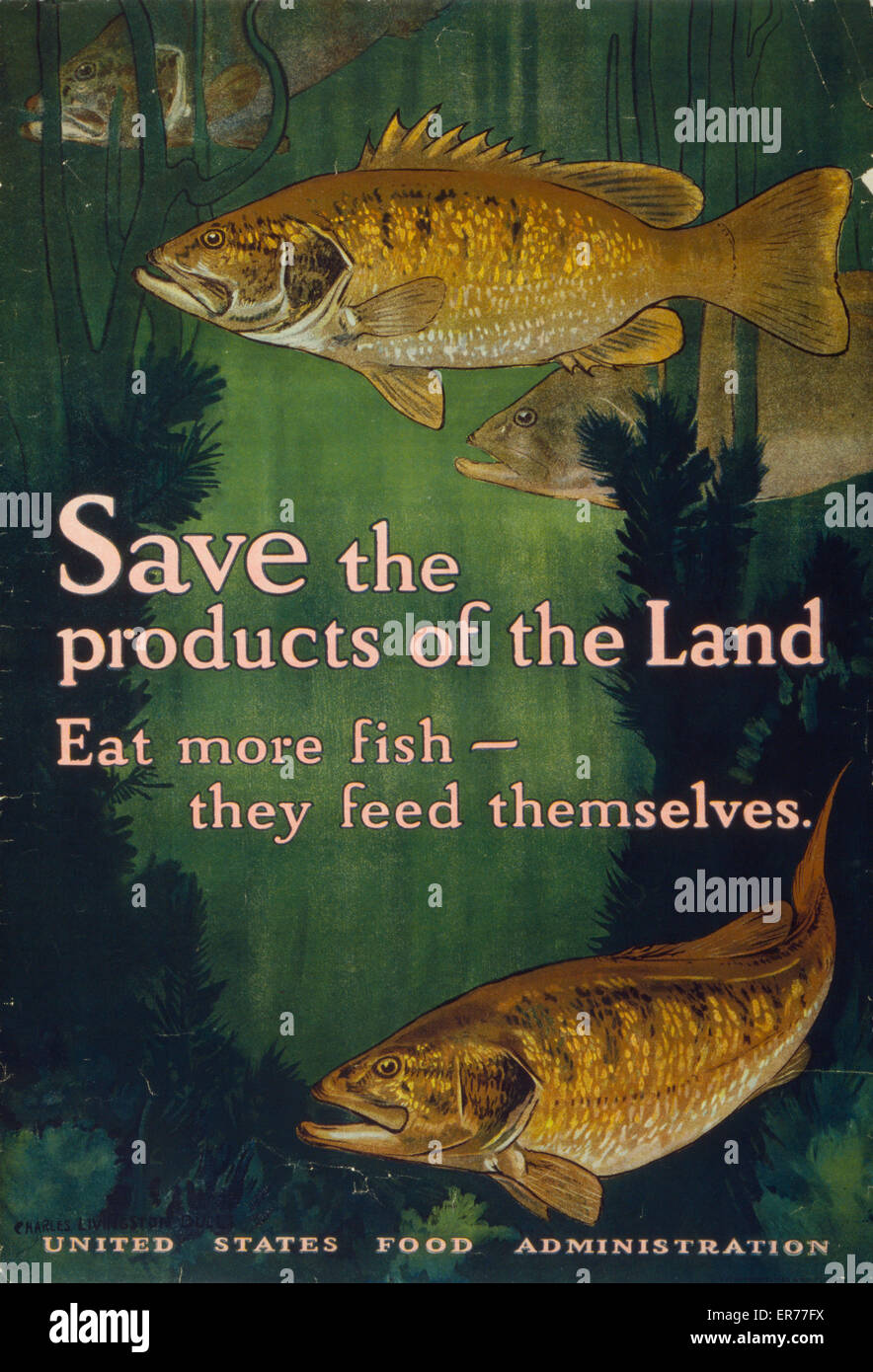 Salva i prodotti della terra - mangia più pesce - li nutrono Foto Stock