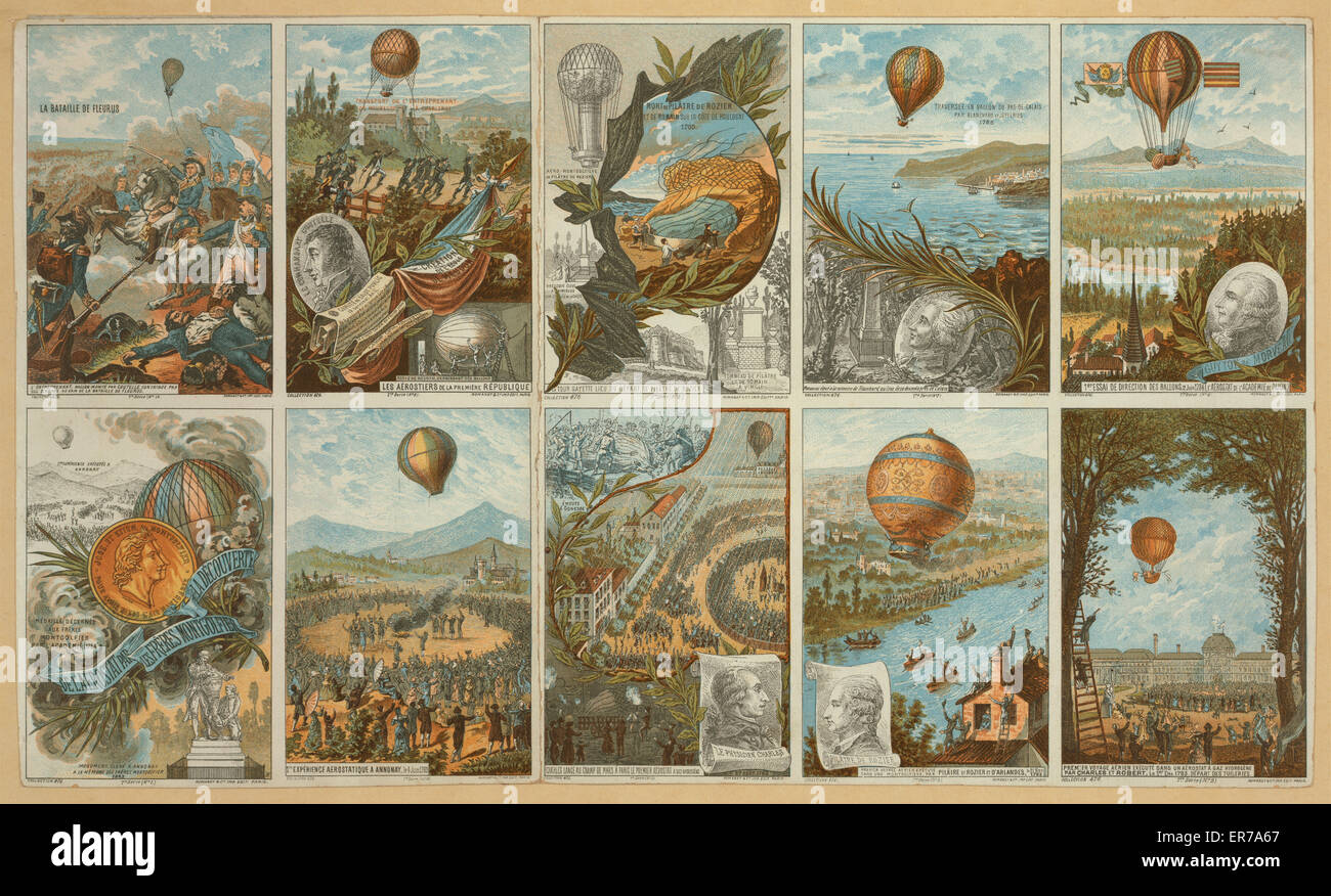 La raccolta di carte con immagini di eventi in mongolfiera storia dal 1783 al 1883. Data compresa tra 1890 e 1900. Foto Stock