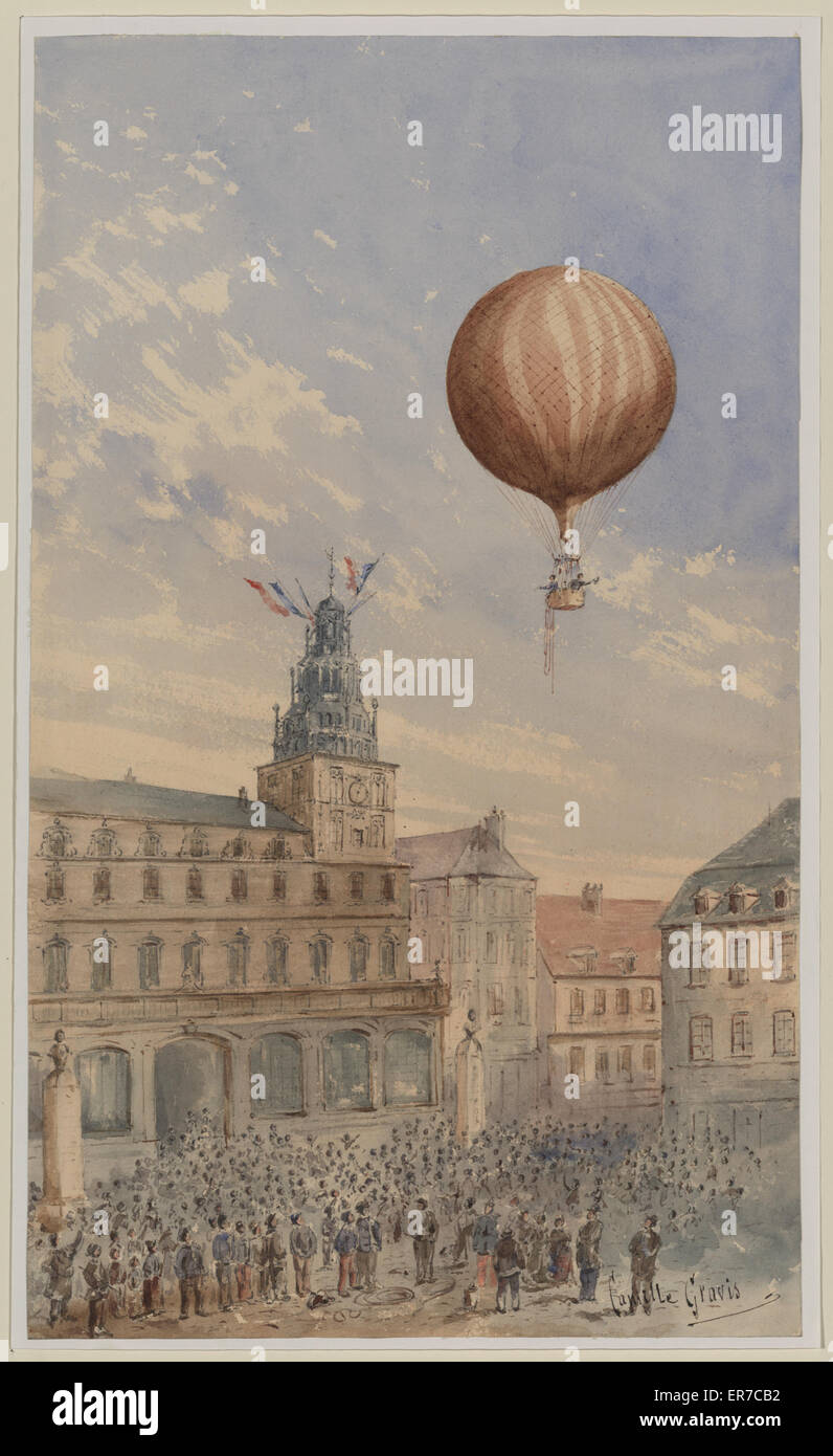 Mongolfiera con due passeggeri che salgono sulla piazza della città, wi Foto Stock