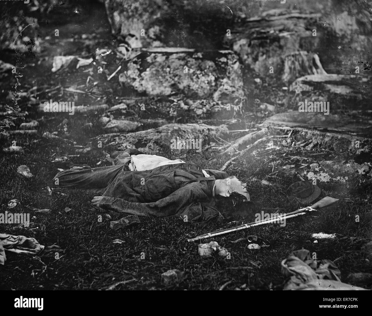 Gettysburg, Pennsylvania. Dead Confederate sharpshooter in T Foto Stock