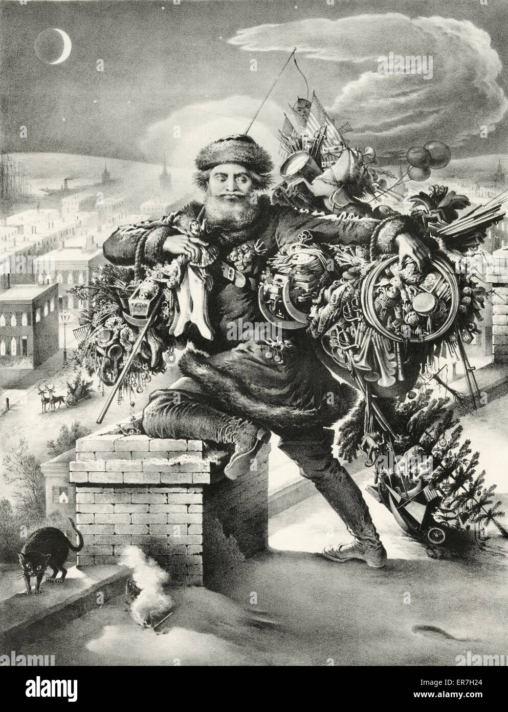 Santa Claus Santa Babbo Natale camino cat Foto Stock