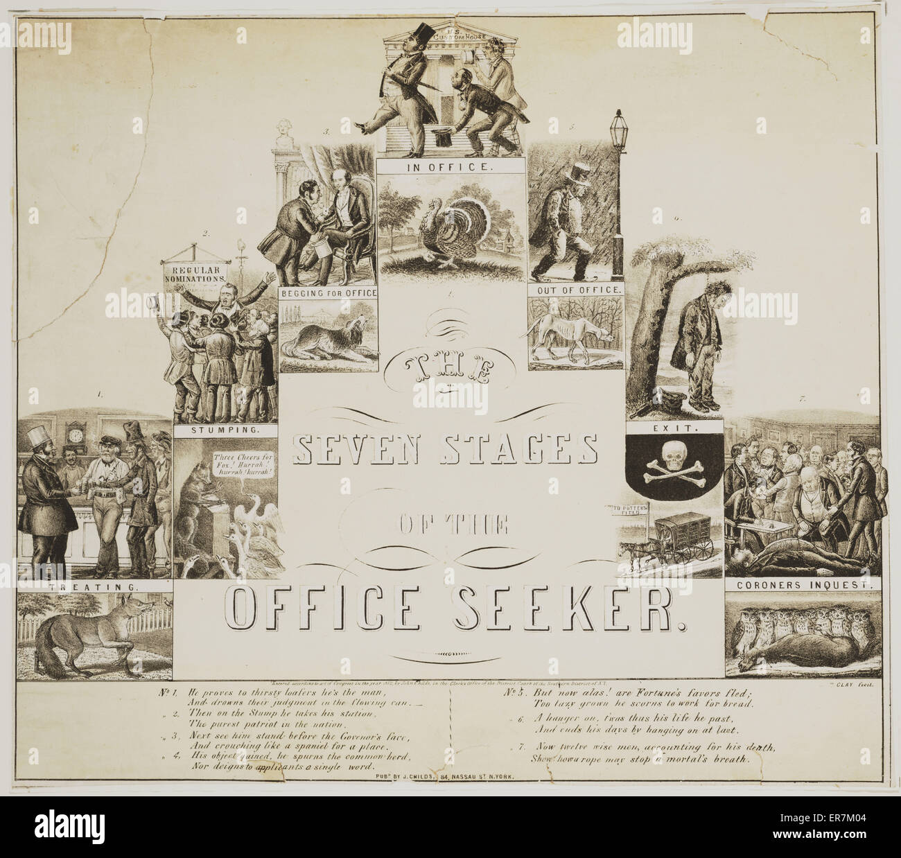 Le sette fasi del cercatore di office. Una satira del clientelismo e corruzione nello Stato di New York la politica, basata sul tema medievale, perpetuata in Arte Folcloristica Americana, della vita e della età dell'uomo. Qui le sette fasi sono illustrate come punti chiave in Foto Stock