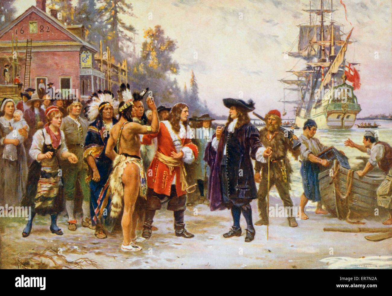 Lo sbarco di William Penn. Stampa mostra William Penn, nel 1682, in piedi sulla riva salutato da un folto gruppo di uomini e donne, tra cui i nativi americani. Data c1932 Luglio 28. Foto Stock