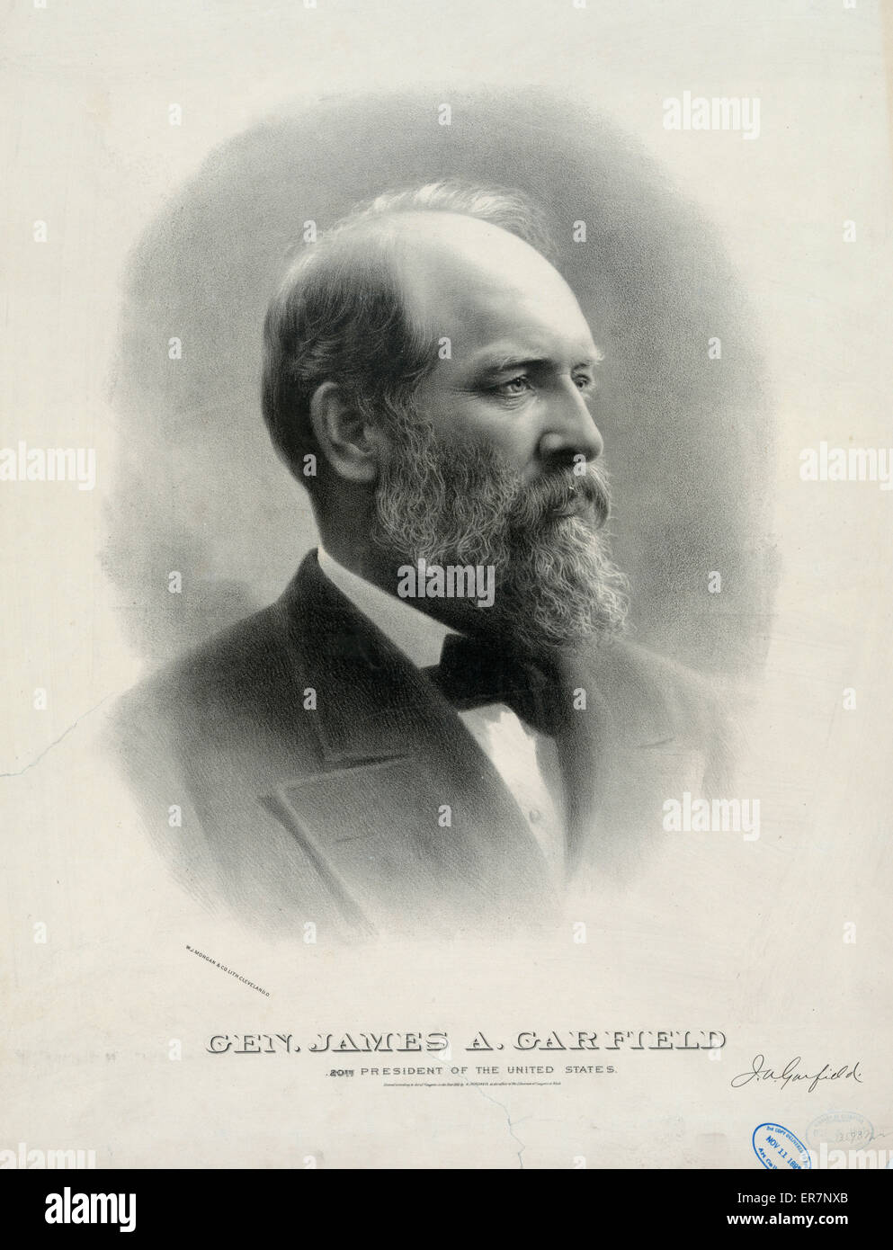 Gen. Garfield, ventesimo presidente degli Stati Uniti. La stampa mostra Garfield, busto ritratto, rivolto verso destra. Data c1881 5 ottobre. Foto Stock