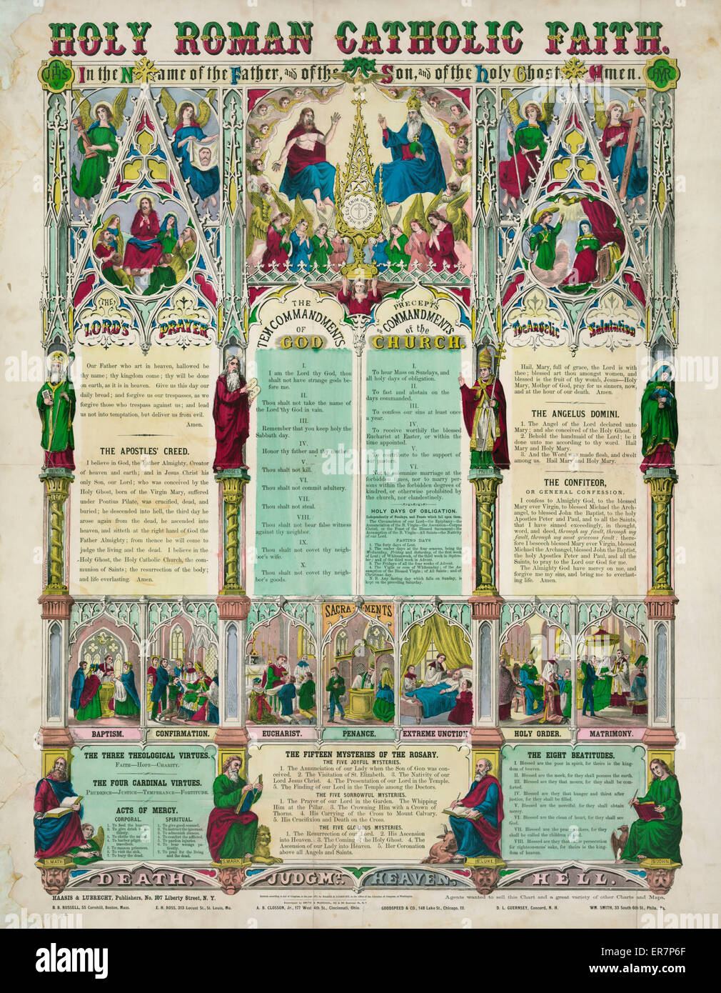 La santa fede cattolico romana. La stampa mostra scene bibliche legate alla fede cattolico romana, include il testo di preghiera, come ad esempio la preghiera del Signore, il Simbolo degli Apostoli, il Confiteor, nonché i Dieci Comandamenti di Dio, le virtù, i Misteri del Rosario Foto Stock