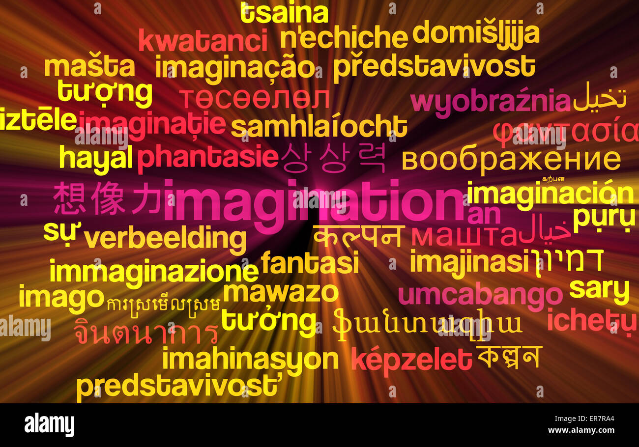 Concetto di sfondo wordcloud internazionale multilingue molti corsi di illustrazione di imigination luce incandescente Foto Stock