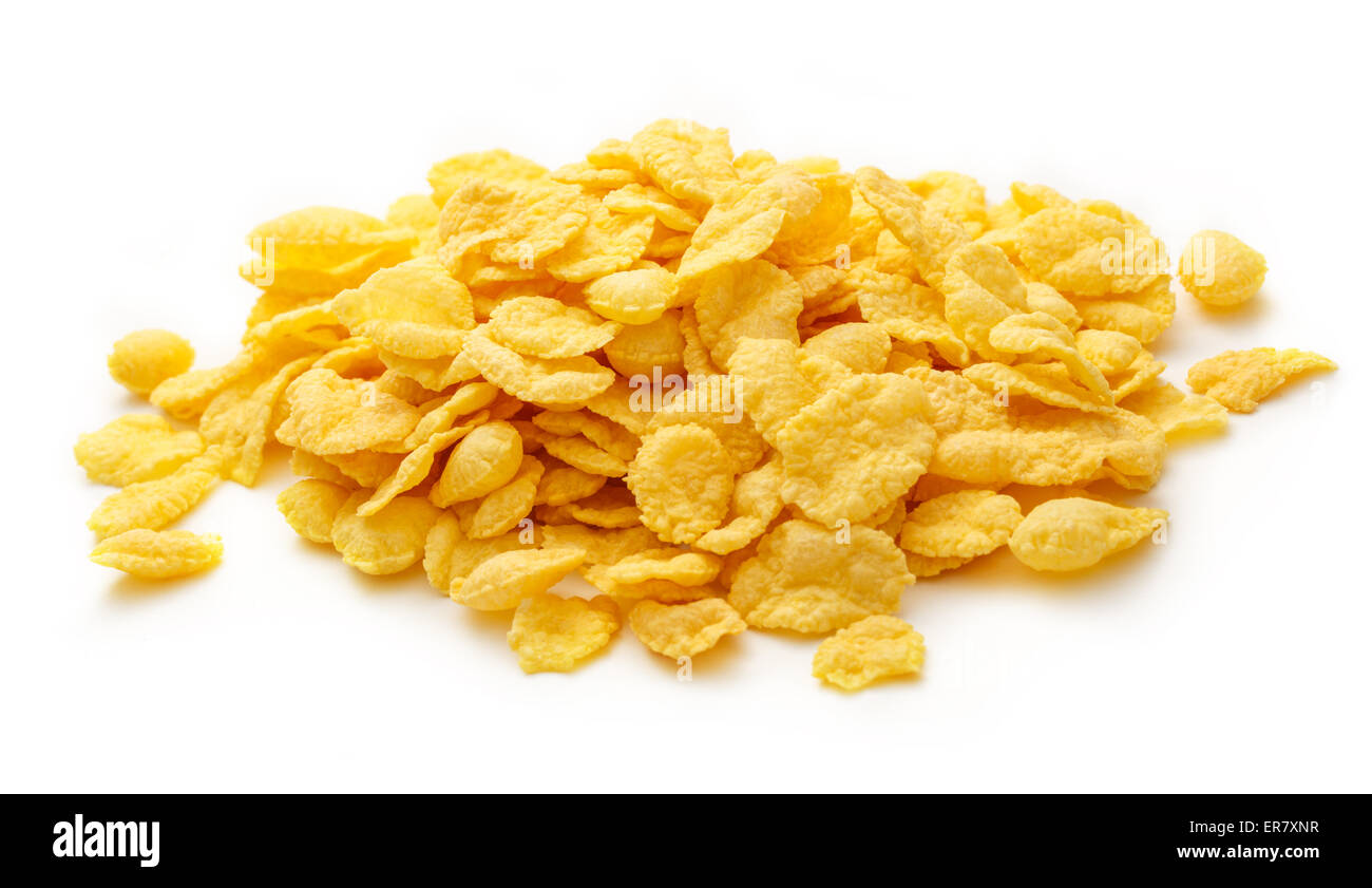 Fiocchi di mais mucchio sullo sfondo bianco Foto Stock