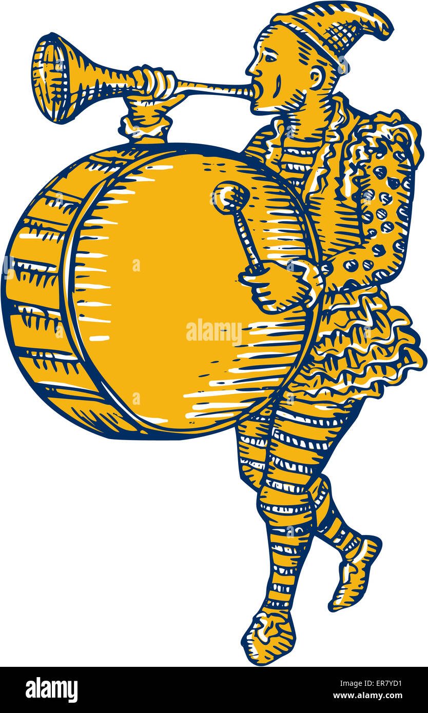Incisione Incisione stile artigianale illustrazione di un clown con il tamburo e il sistema di soffiaggio di tromba marching visto dal lato impostato su isolato sullo sfondo bianco. Foto Stock