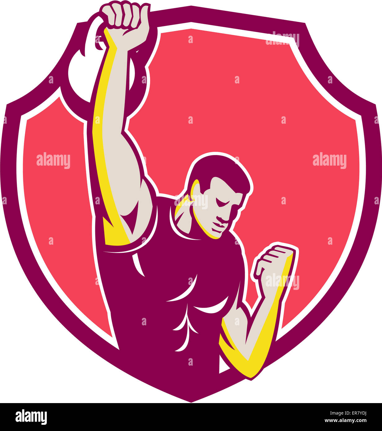 Illustrazione di un atleta esegue un kettlebell a un braccio tirare alta rivolta verso il lato anteriore imposta all'interno di cresta fatto in stile retrò. Foto Stock