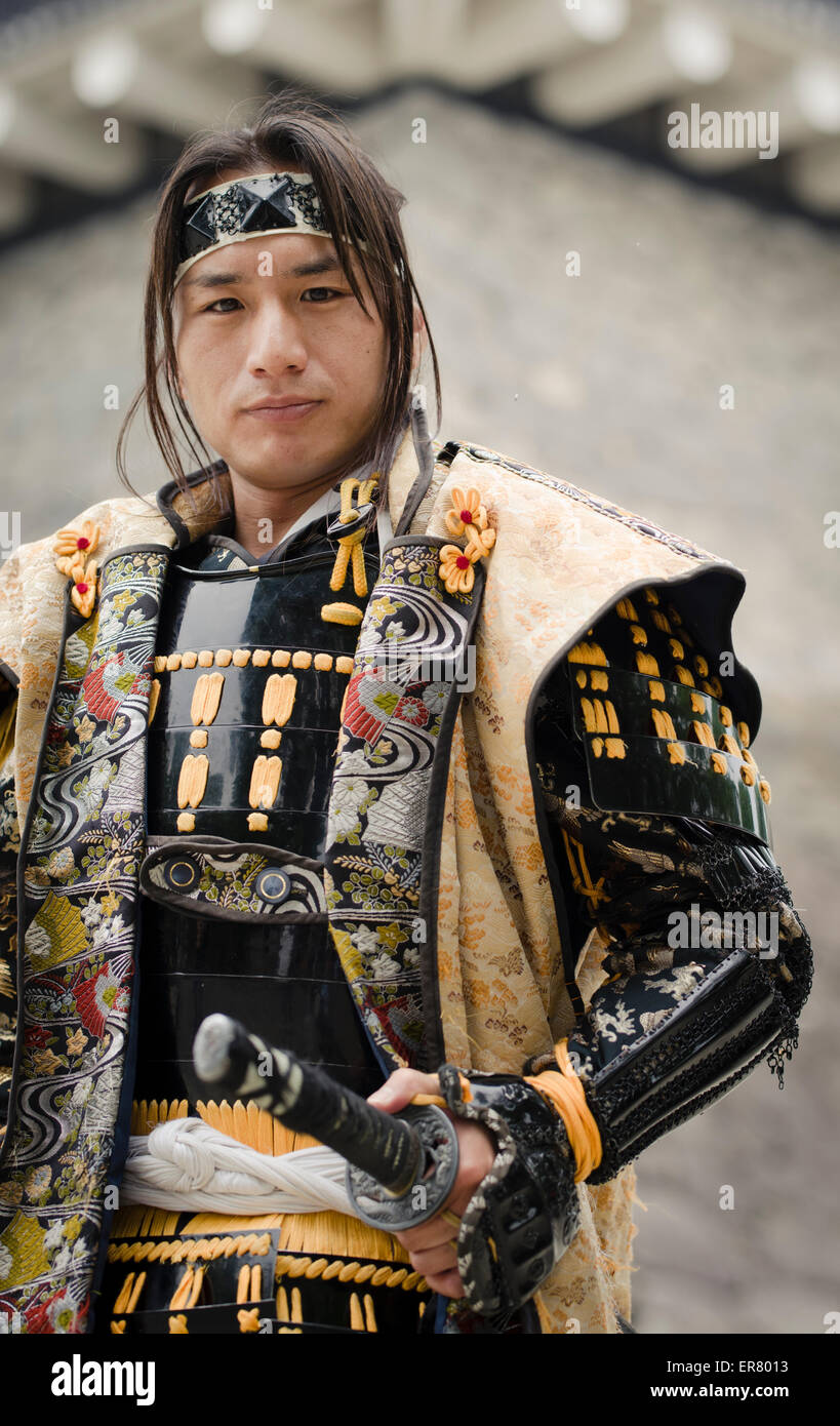 Samurai Giapponese in armatura al Castello di Kumamoto, Kyushu in Giappone. Foto Stock