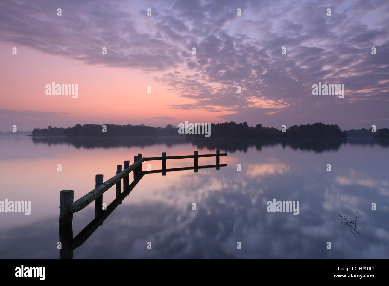 Tranquillità durante un purpureo tramonto a un lago nei Paesi Bassi Foto Stock