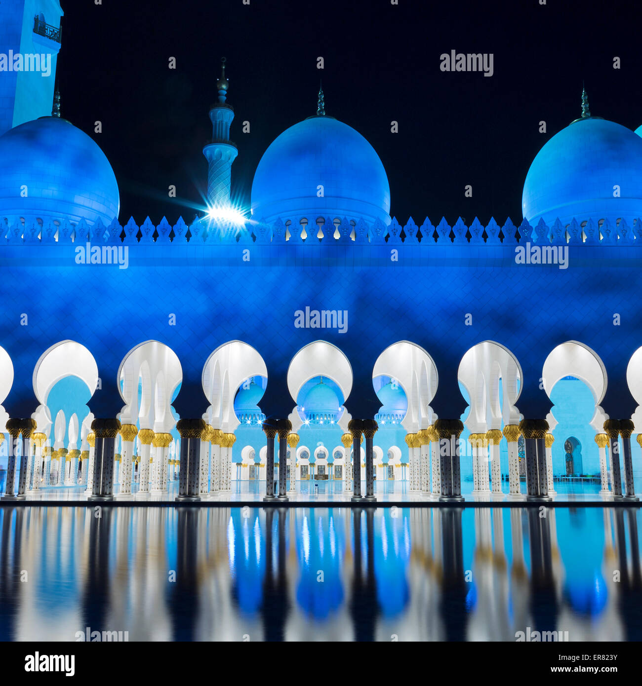 Vista della famosa moschea, Abu Dhabi, di notte, uae. Foto Stock