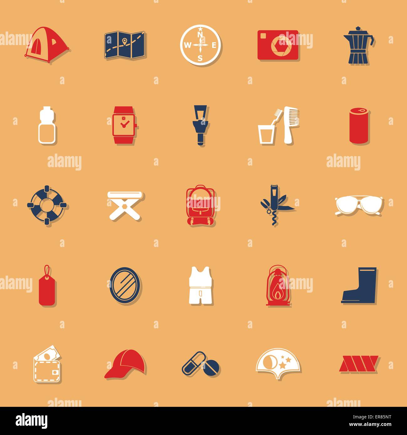 Camping necessario classic le icone a colori con ombra, vettore di stock Illustrazione Vettoriale