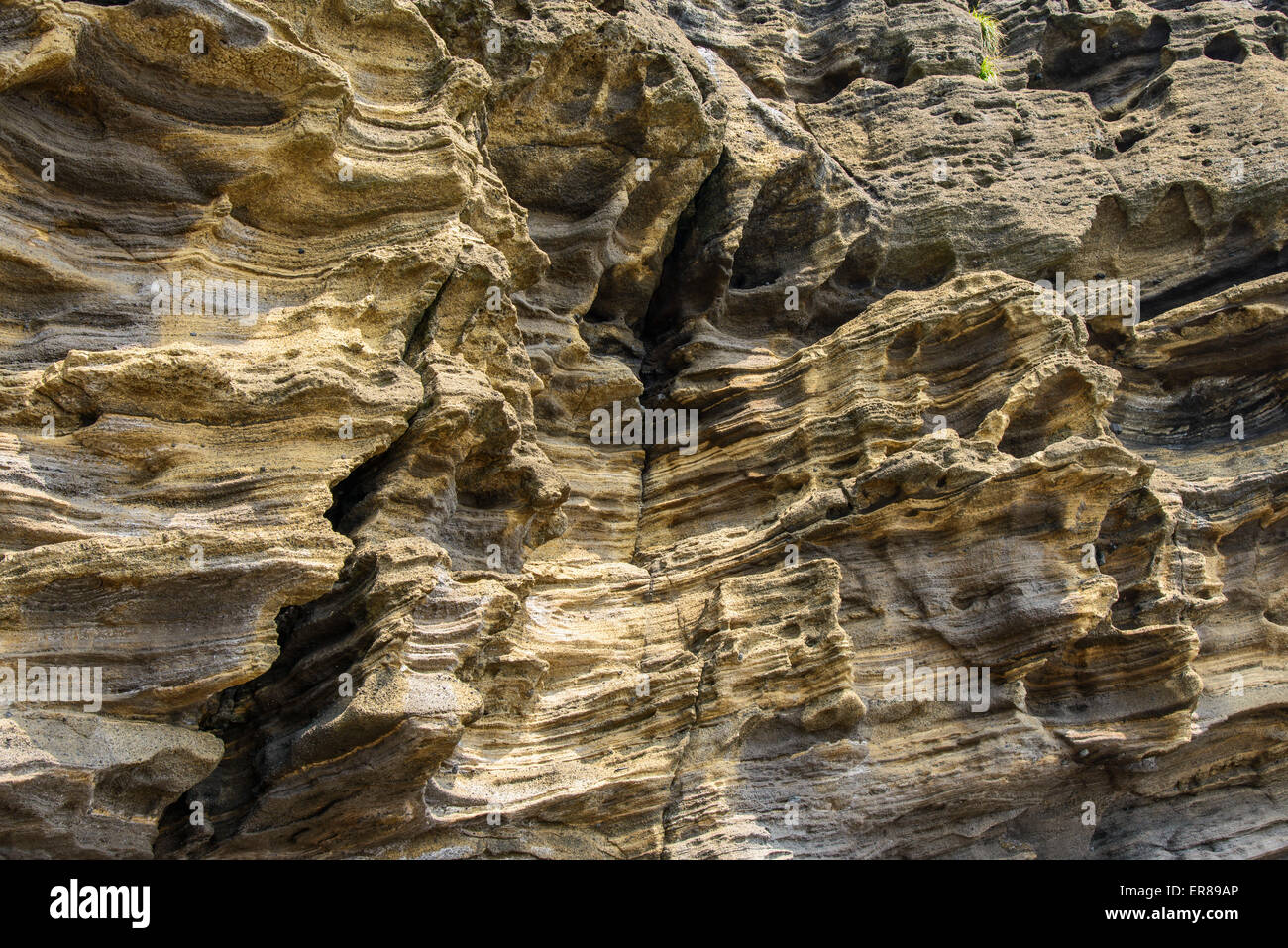 Stratificato di multistory ruvido e strane rocce sedimentarie nella famosa località turistica della costa Yongmeori(testa di drago costa) nell'Isola di Jeju. Foto Stock