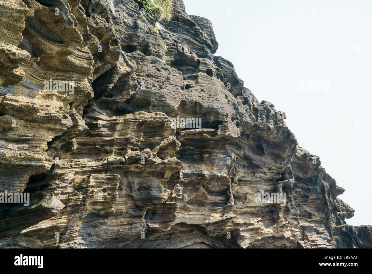 Stratificato di multistory ruvido e strane rocce sedimentarie nella famosa località turistica della costa Yongmeori(testa di drago costa) nell'Isola di Jeju. Foto Stock
