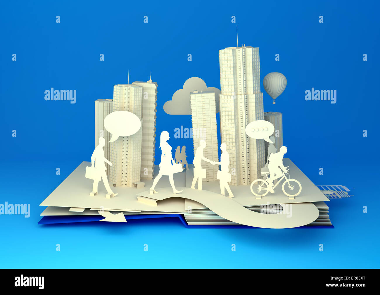 Pop-Up libro - Lo stile di vita della città. In stile 3D pop-up - Prenota City con segnale di occupato urbano per la città, le persone che si recano sulle loro attività. Foto Stock