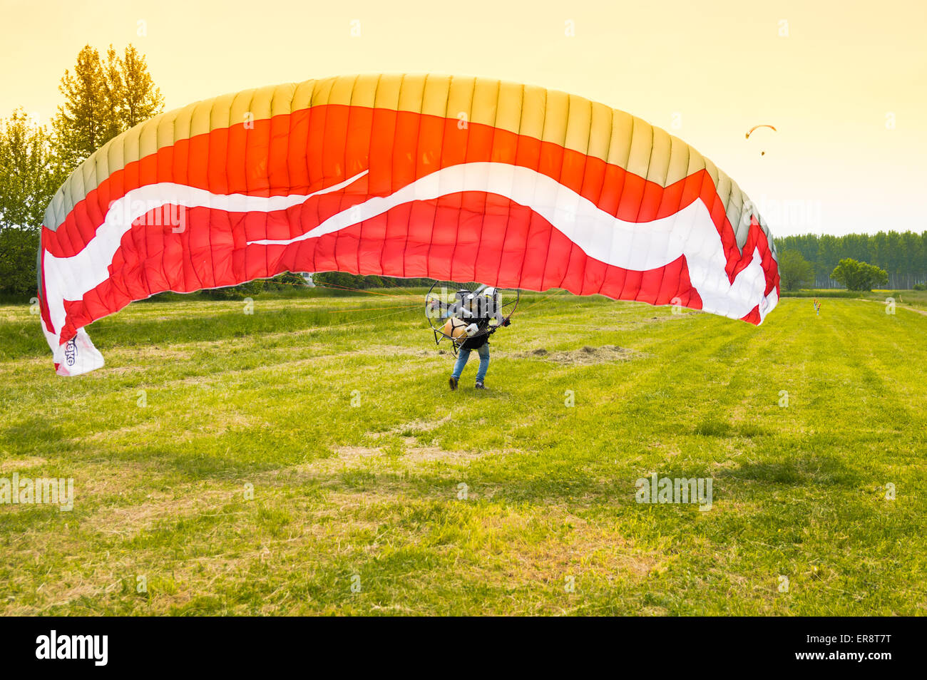 Uomo con red motorizzato parapendio decolla da un campo verde Foto Stock