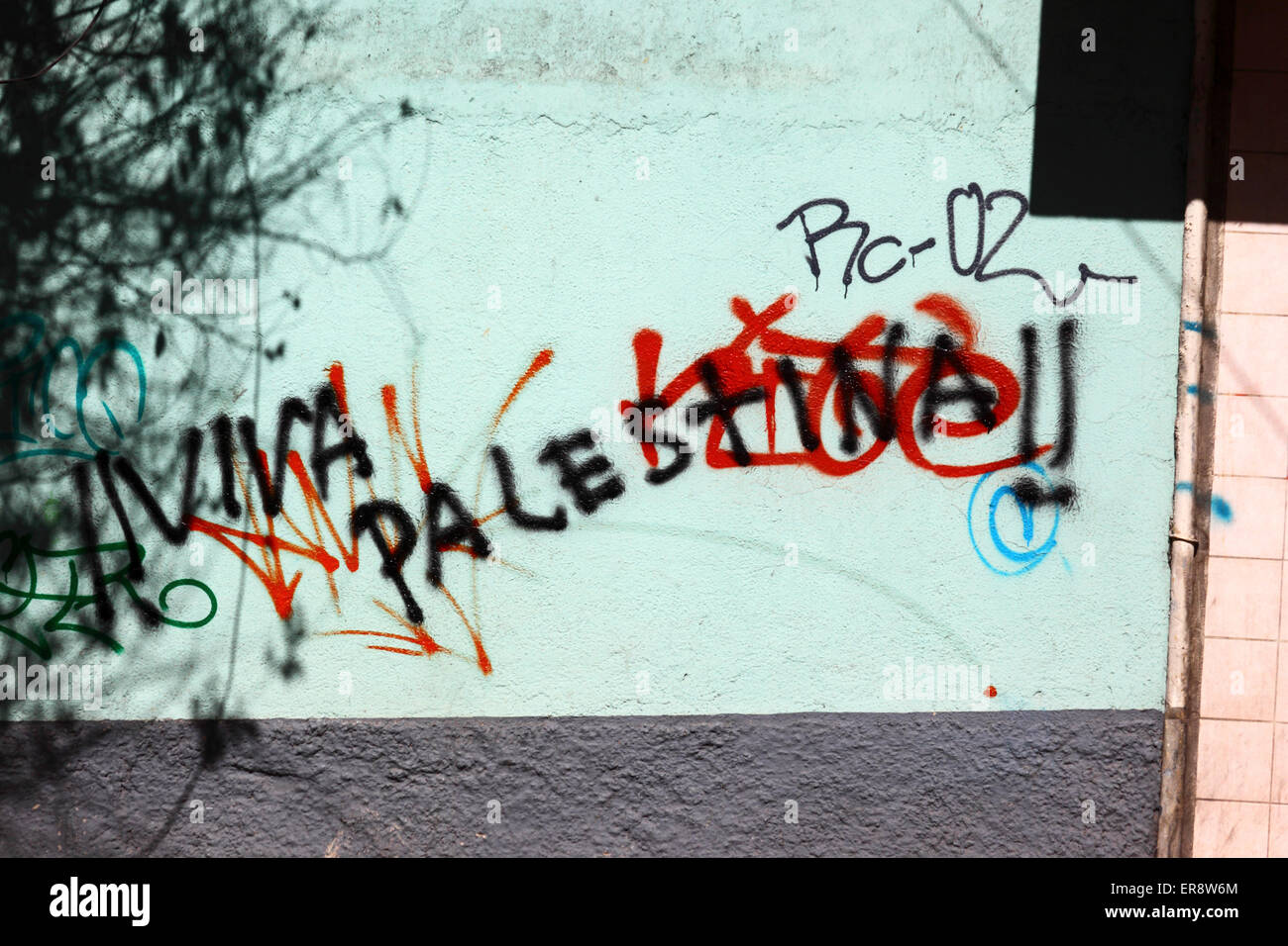 Viva Palestina / Viva Palestina graffiti su un muro in segno di protesta contro i militari israeliani offensiva a Gaza, La Paz, Bolivia Foto Stock