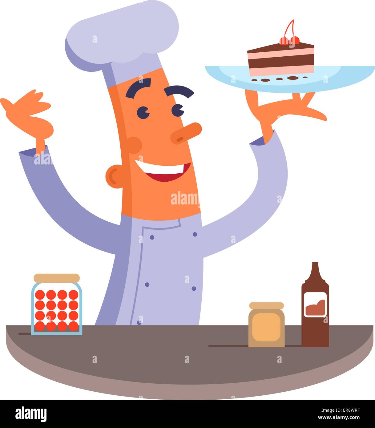 Cartoon chef tenendo la piastra con torta. Illustrazione Vettoriale
