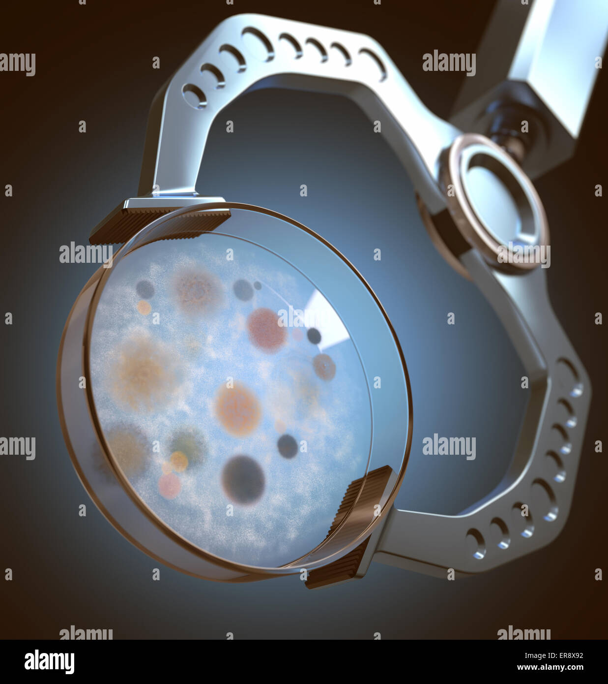Robot a mano che tiene una piastra petri con colonie di batteri e funghi. Immagine 3D con profondità di campo. Foto Stock