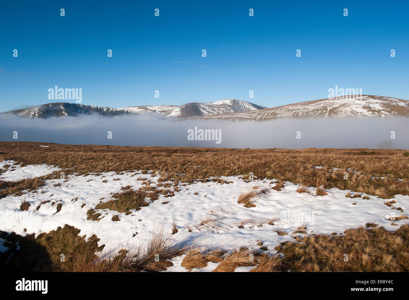 Congelamento di nebbia persistente nel fondovalle su un inverno mattina, guardando verso la Howgill Fells, Cumbria, Regno Unito. Foto Stock