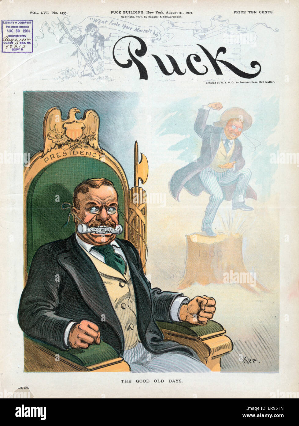 I buoni vecchi giorni. L'illustrazione mostra il presidente Theodore Roosevelt seduto in una sedia Presidenza marcato con un fasces dietro la sua spalla sinistra e con una gag marcato decenza civile nella sua bocca; egli è alla ricerca di uno spirito di se stesso dal 1900 quando egli potrebbe Foto Stock