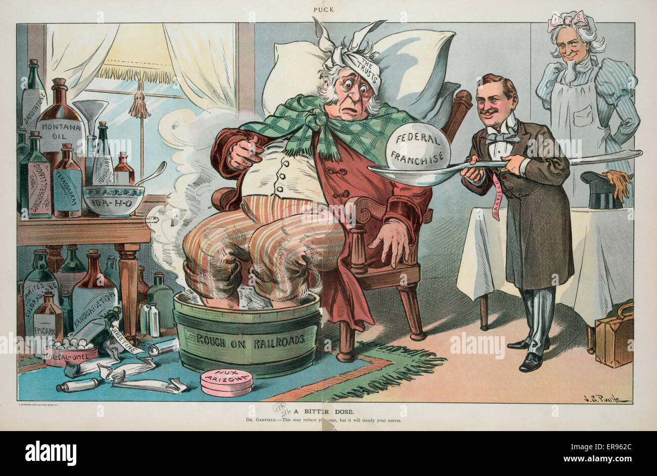 Una dose di amaro. Illustrazione mostra James R. Garfield come un medico che somministra una grande dose marcata franchising federale per una gigantesca, uomo anziano etichettato i trust seduto in una sedia con i suoi piedi in immersione in una vasca denominata grezzo su ferrovie; su una tabella a Foto Stock