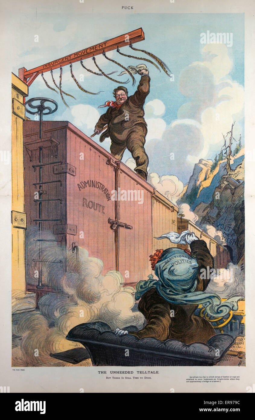 La spia è rimasto inascoltato. L'illustrazione mostra il Presidente Taft come una ferrovia brakeman in piedi sulla cima di un carro merci denominata Via di somministrazione, egli è sventolata per una donna denominata politica reazionaria di pilotaggio di un automobile, il treno è a capo di un tunnel etichettato Foto Stock