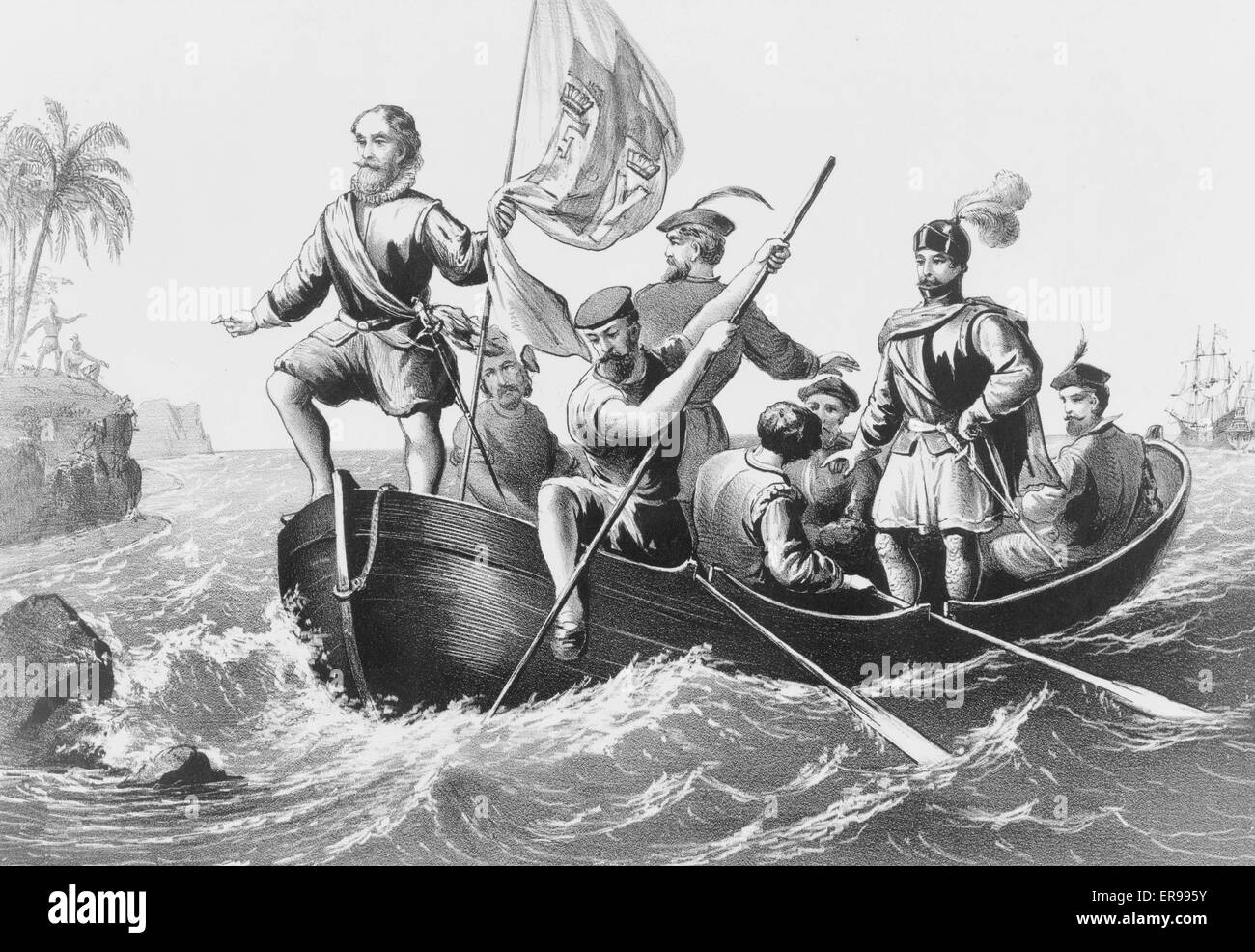 Lo sbarco di Colombo a San Salvador, 12 Ottobre 1492 Foto Stock
