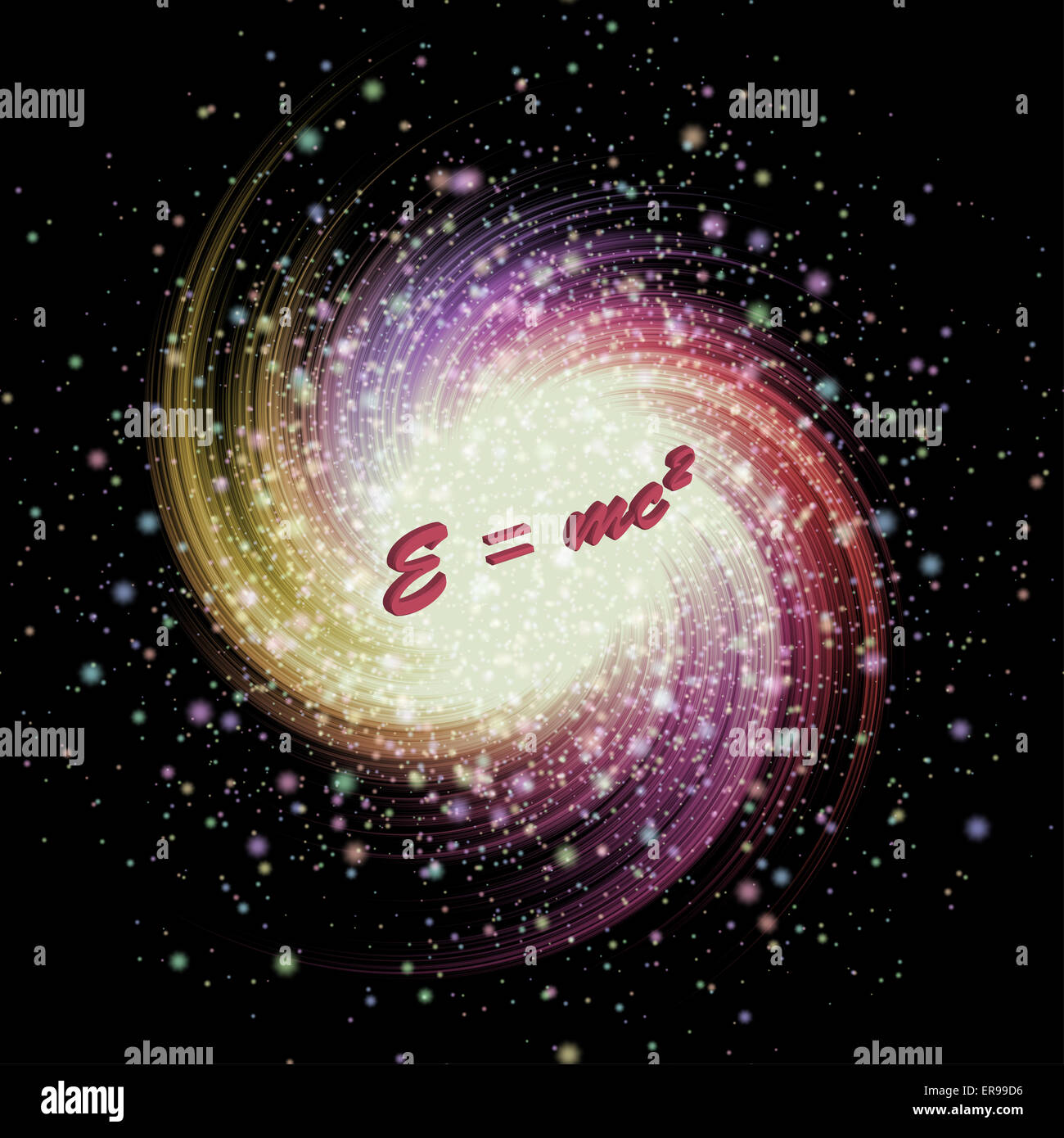 Lo scoppio di stelle in una galassia nello spazio profondo e la celebre formula della teoria della relatività. Foto Stock