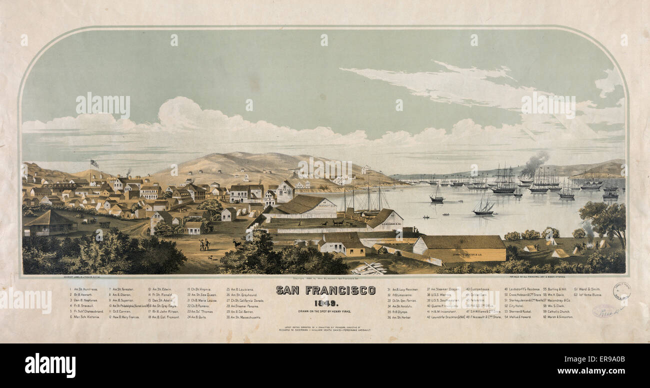 San Francisco, 1849. Vista di edifici, e di imbarcazioni nella Baia di San Francisco, che sono numerati e identificati in chiave. Data c1886. Foto Stock